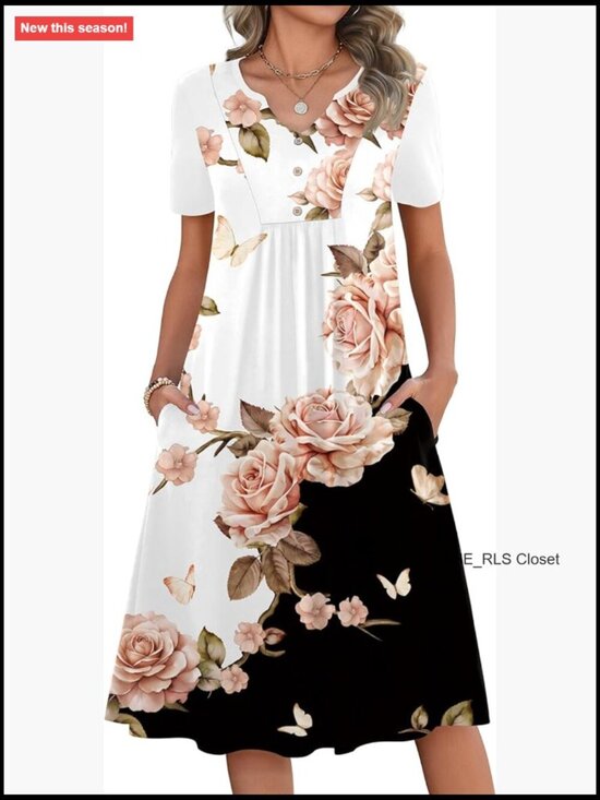 Dresses & Skirts - Polyester Spandex Midi Dress with Pockets V-Neck Casual Sundress